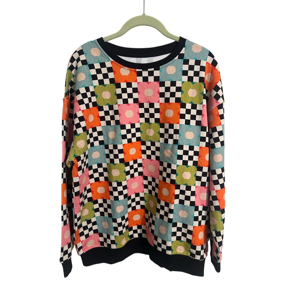 Ravie Threads Checkered Colorful Cotton Patchwork Crewneck Sweatshirt
